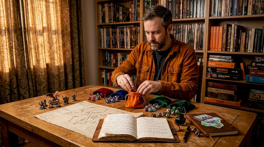 Dungeon Master preparing tabletop dice sets in living room