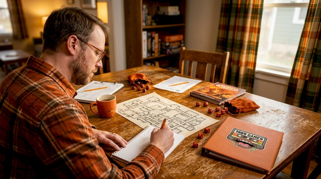 Dungeon Master setting up tabletop RPG game