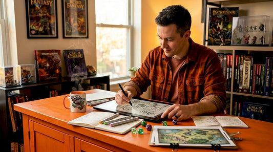 Person designing RPG map at home workspace