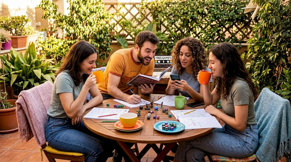 Friends roleplaying at tabletop RPG session