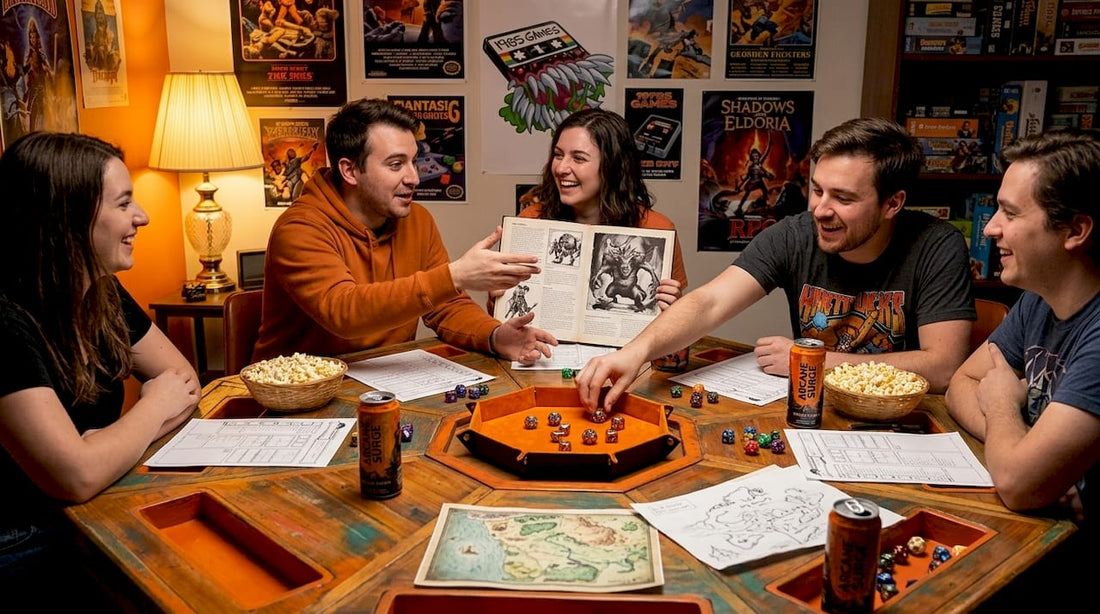 Friends playing tabletop RPG with metal dice