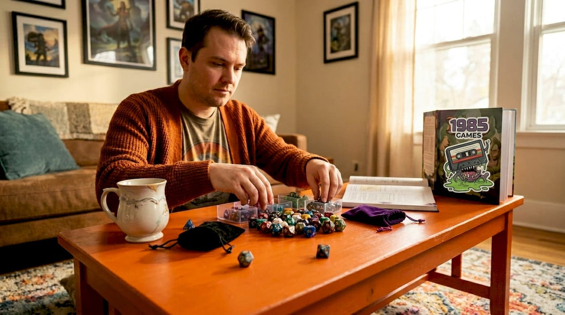 Gamer organizing dice sets at kitchen table