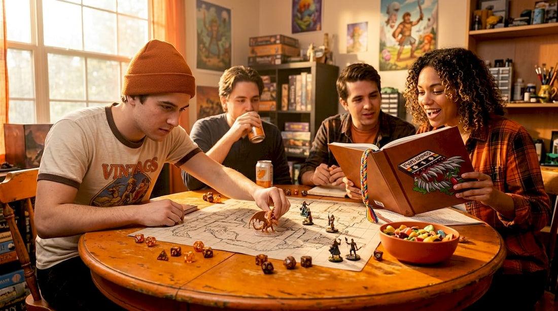 Friends playing tabletop RPG with terrain maps