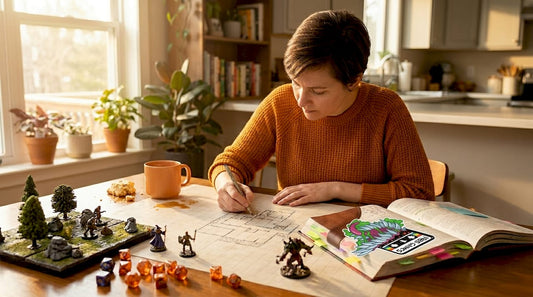 Person designing tabletop terrain map at home
