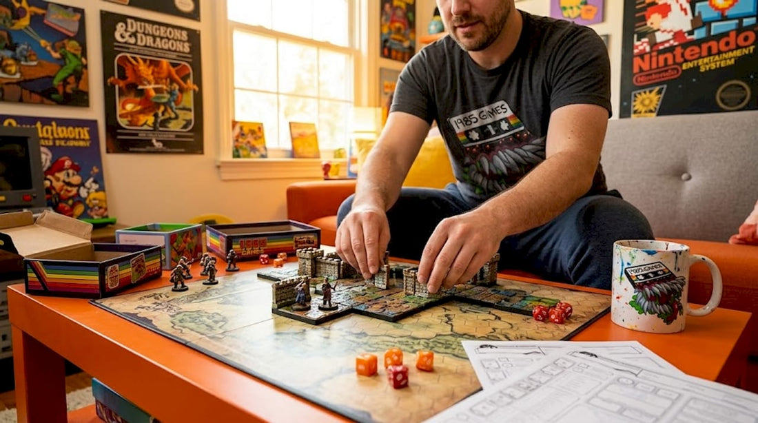 Dungeon master arranging tabletop terrain tiles