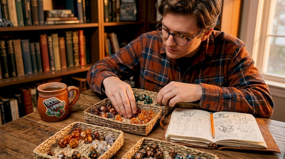 D&D player sorting dice at table
