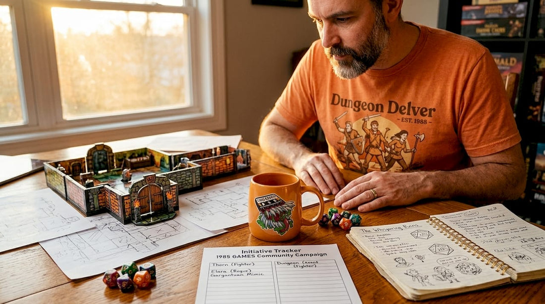 Dungeon master preparing battlemaps at table