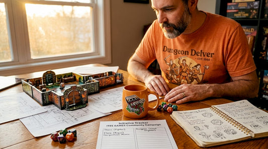 Dungeon master preparing battlemaps at table