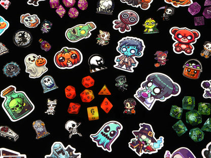 Fright Night Mystery Dice 6 Pack – 6 sets of unique dice stickers and pins! No Duplicates!