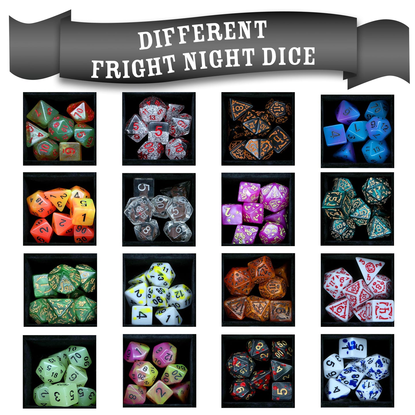 Fright Night Mystery Dice 6 Pack – 6 sets of unique dice stickers and pins! No Duplicates!