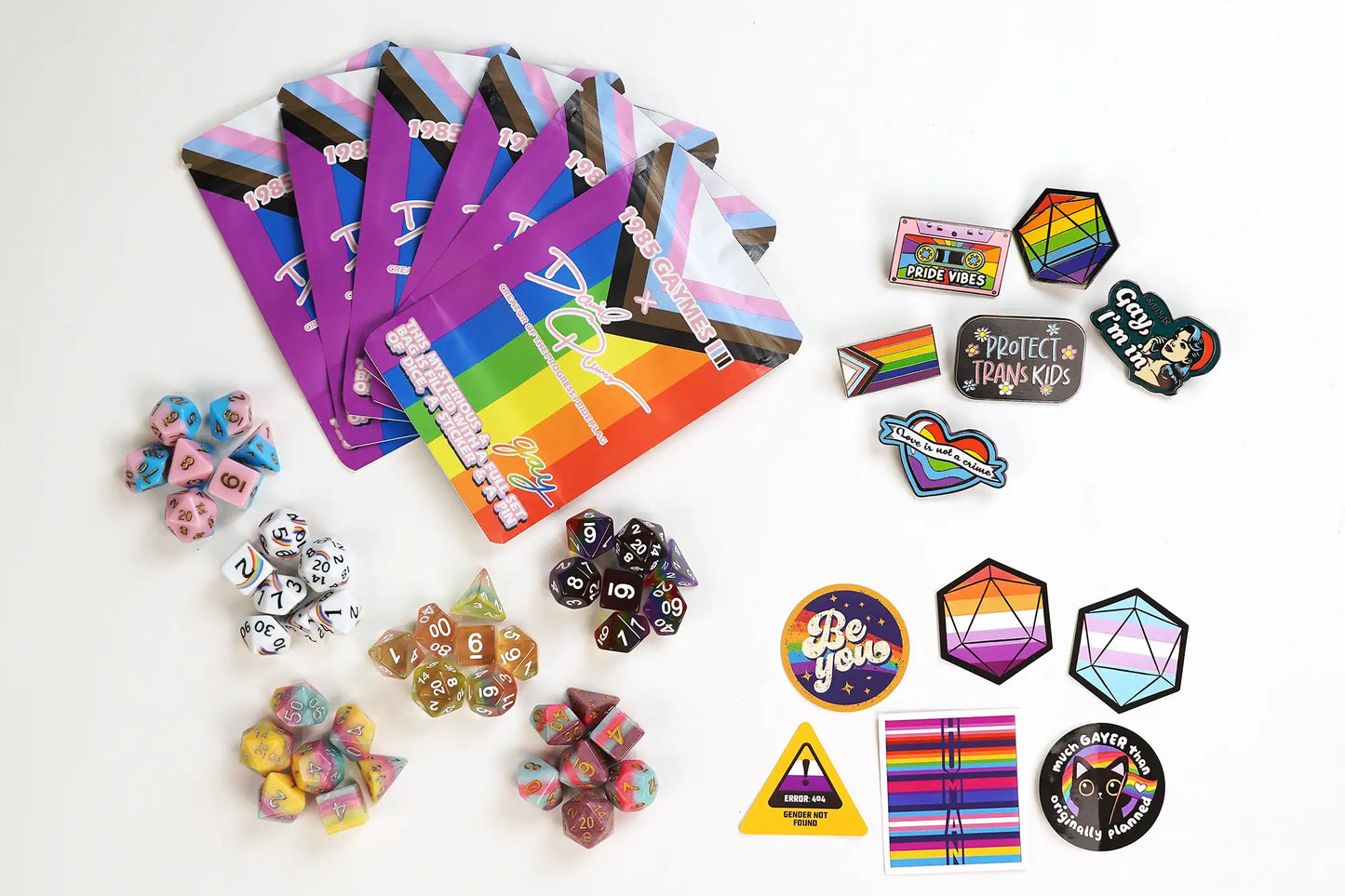 Pride Mystery Dice 6 Pack – Queer Friendly Dice, Pins, and Stickers! No Duplicates!