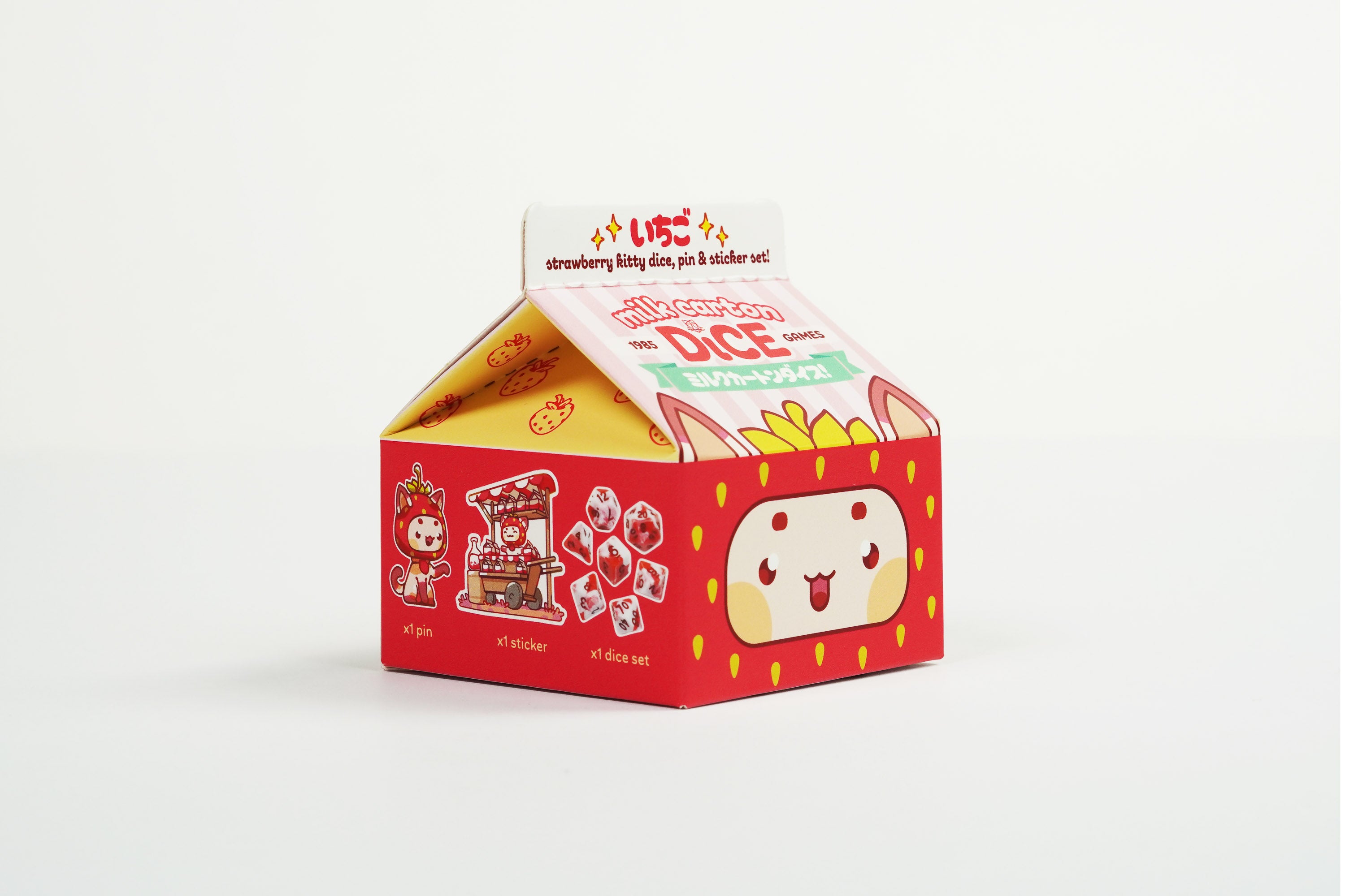 Kawaii Cat TTRPG Dice – Strawberry Milk Carton for DnD – 1985 Games