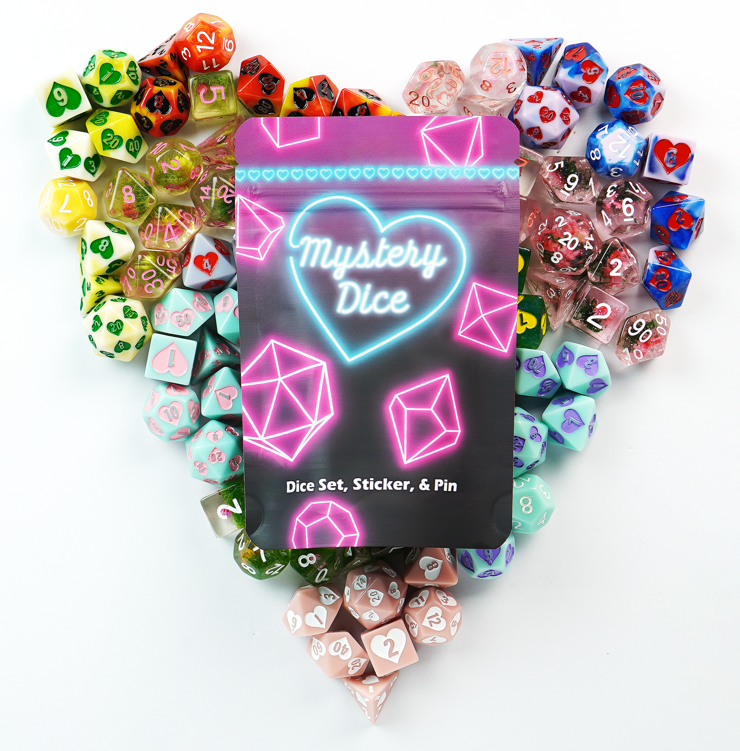 Sweetheart Mystery Dice 6 Pack – 6 sets of unique dice stickers and pins! No Duplicates!