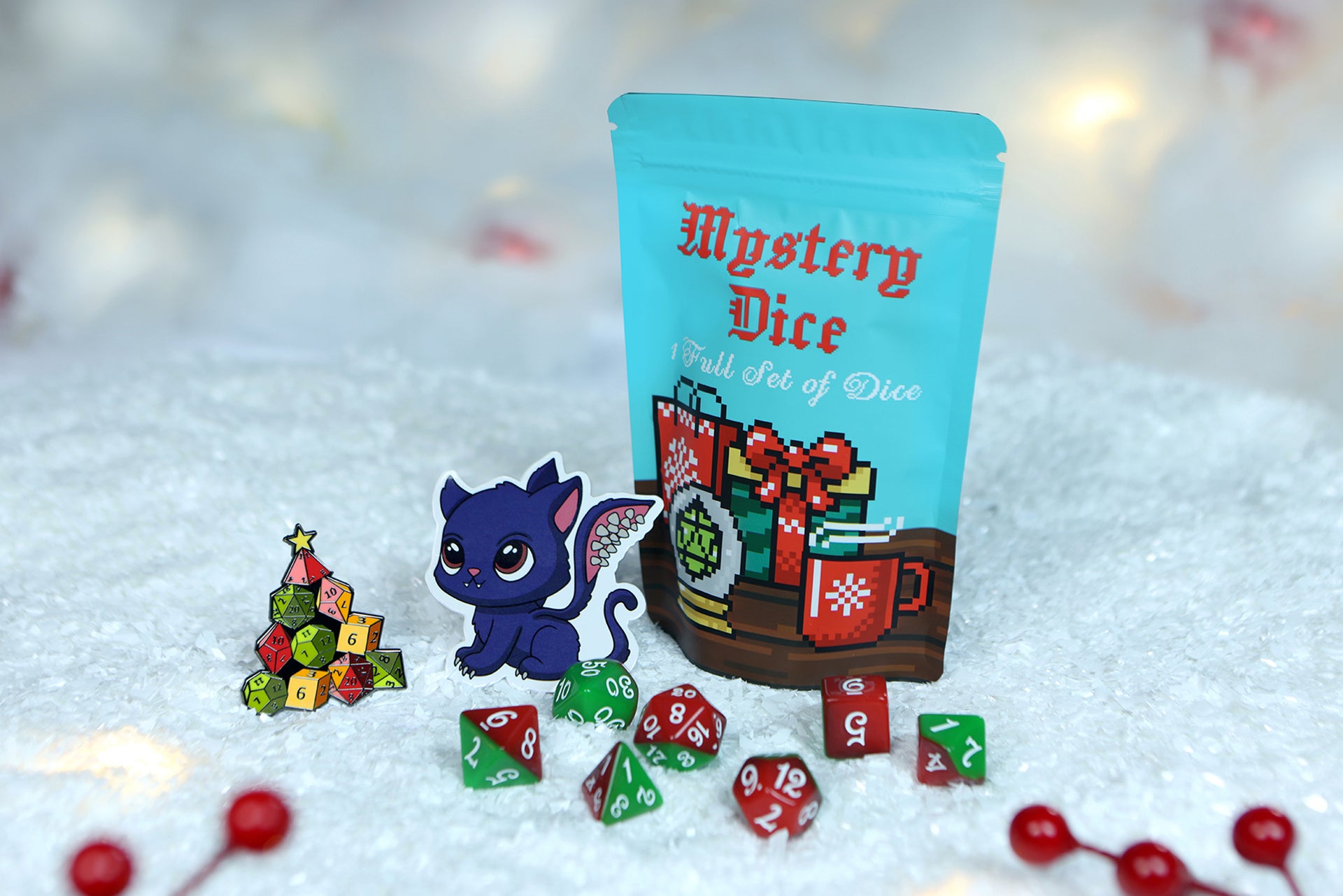 Holiday Mystery Dice Set – Loads of unique holiday dice stickers and pins!